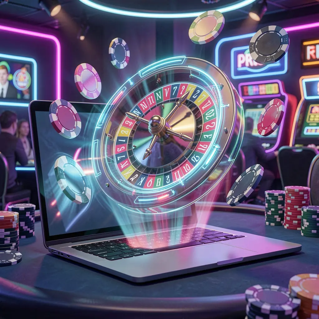 Vibrant holographic roulette wheel with glowing casino chips floating above a laptop showcasing the futuristic gaming atmosphere of BD18 casino in Bangladesh