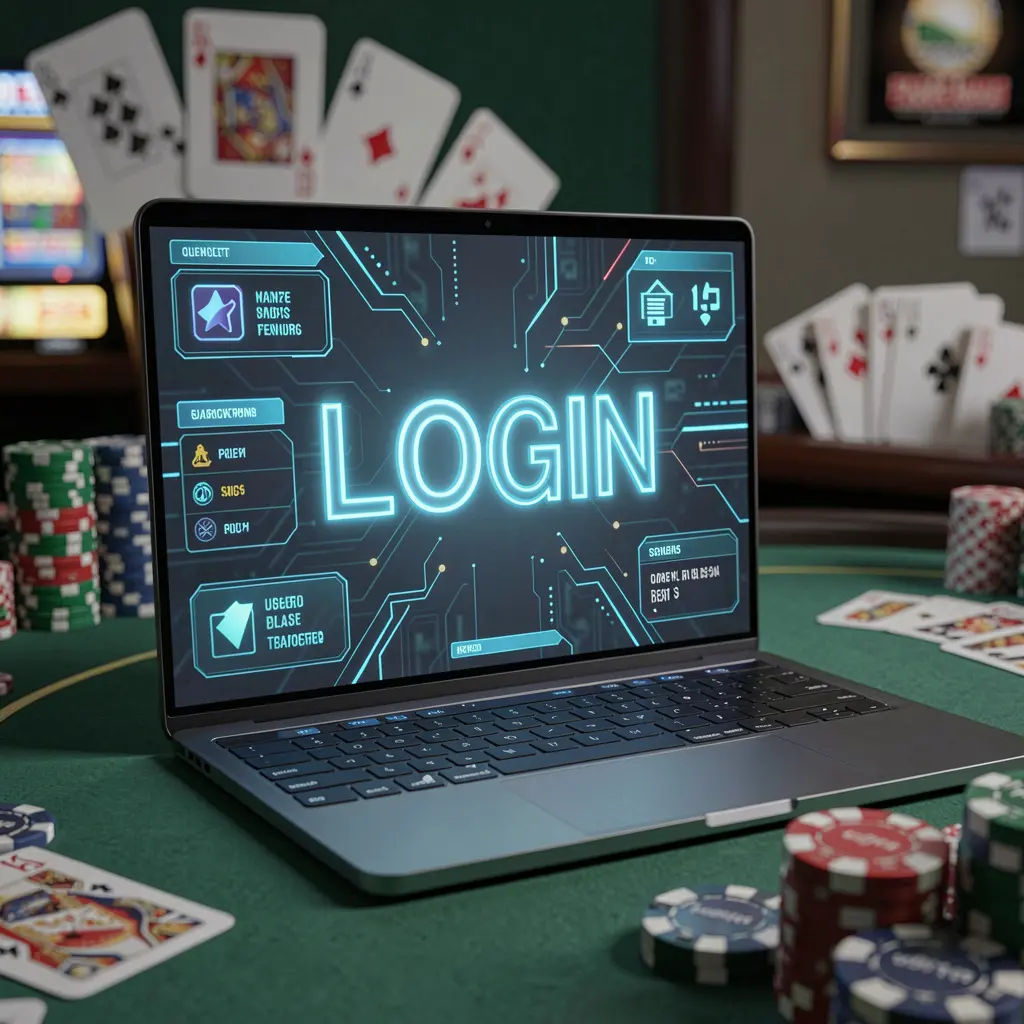 Modern laptop with a secure login interface and blurred casino chips in the background representing trusted access to BD18 gaming accounts in Bangladesh
